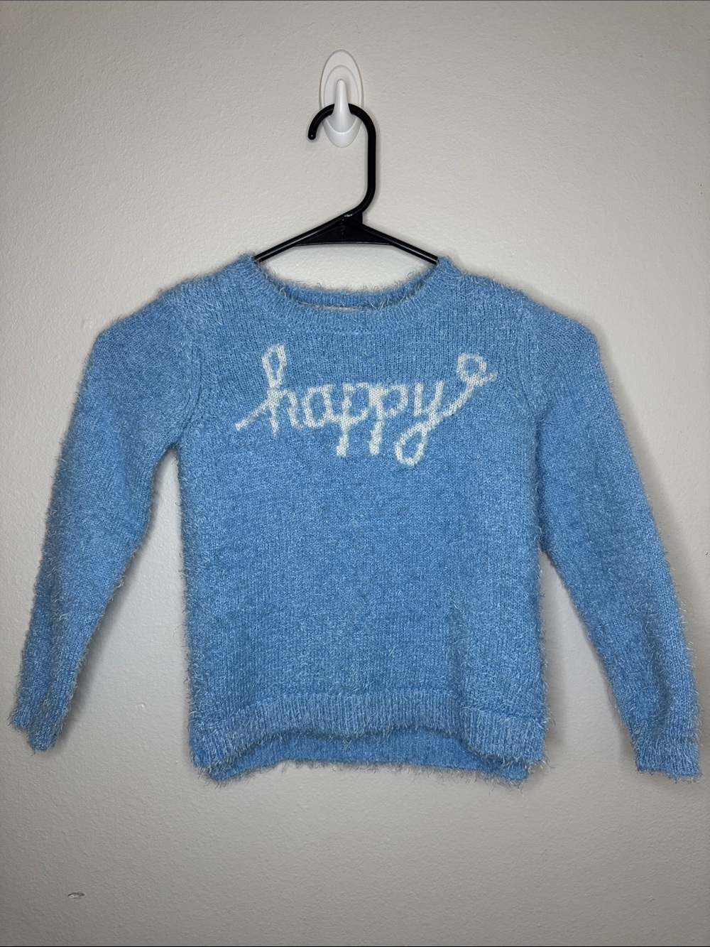Design History Happy Script Blue Fuzzy Kids Sweater
